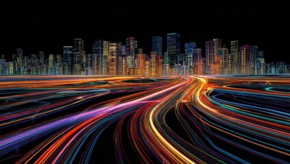 Night city skyline, light trails, futuristic highway, data flow, tech concept
