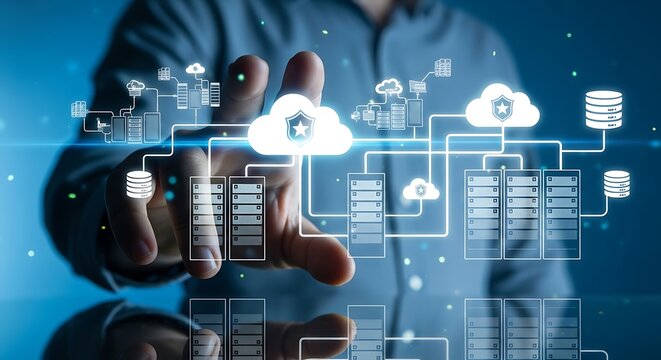 Human Hand Architecting a Secure Cloud Network on a Luminous Virtual Interface