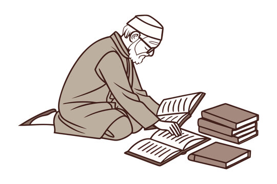 muslim man reading books, brown tones clip art preview