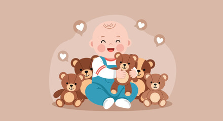 Obraz premium Joyful Infant Surrounded By Plush Teddy Bears Showcasing Affection And Love
