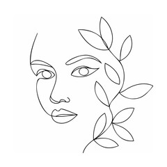 Elegant woman face with botanical elements line art