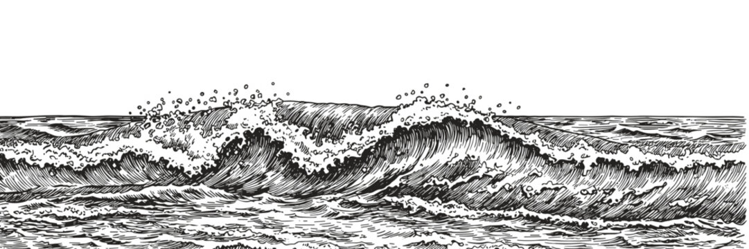 Sea wave border at the bottom — vintage black and white engraving sketch decorative element for invitations, cards and banners

