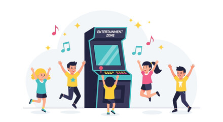 Joyful Kids Experiencing Fun And Excitement In Entertainment Zone Arcade