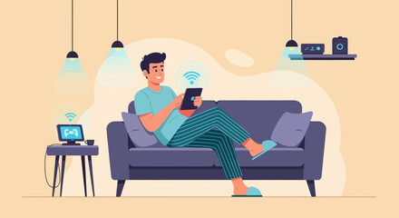 Man Relaxing At Home Using Tablet Enjoying High Speed Wireless Connectivity