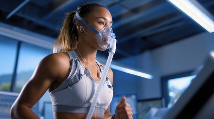 Focused athlete running on a treadmill with a breathing mask, during a medical study.