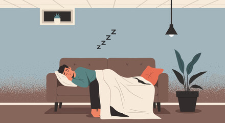 Man Sleeping On Couch Taking A Nap Indoor Relaxing At Home
