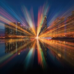Cityscape light trails reflecting on water at night, zoom burst effect, urban development