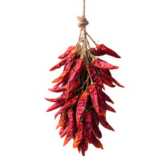 A bunch of dried red chili peppers hanging from a string isolated on a transparent background for culinary use isolated on transparent background