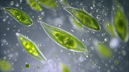 Vibrant green Euglena cells are seen under a microscope, showcasing intricate biological details.