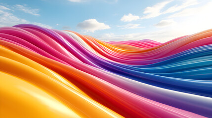 Abstract image of colorful, flowing fabric against a blue sky with clouds.