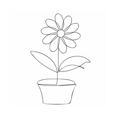 Single line drawing of a potted daisy flower potted plant