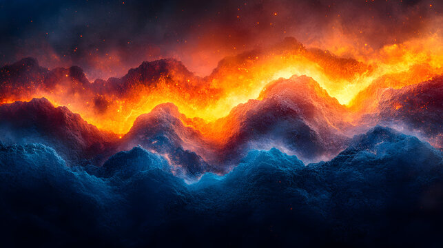 Abstract image of fiery orange and dark blue cloudscapes.