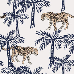 Tropical leopards, line palm trees, gray background. Seamless pattern. Vector illustration. Exotic plants, animals. Summer beach design. Paradise nature