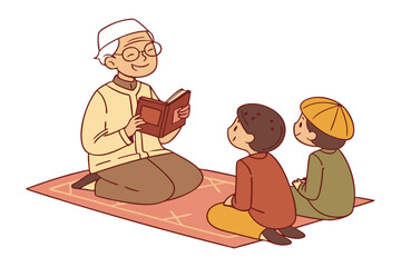 Joyful cartoon imam holding a holy book wearing traditional islamic attire and glasses