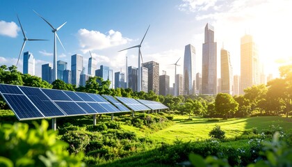 Cityscape with solar panels and wind turbines, showcasing sustainable energy.  Green park foreground, modern buildings in background.  Sunlight, idyllic scene