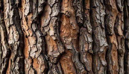 Obraz premium Close-up of textured tree bark. Detailed bark patterns in shades of brown and gray. Natural wood grain