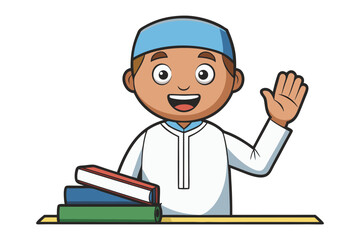 Cartoon imam teaching young boy about islamic architecture and mosque design in a fun educational setting
