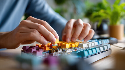Fototapeta premium Close-up of hands assembling a mechanical keyboard with colorful keycaps and switches.