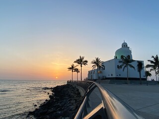 Sunset in Jeddah, Saudi Arabia, and there is a mosque for Muslims