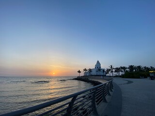 Sunset in Jeddah, Saudi Arabia, and there is a mosque for Muslims
