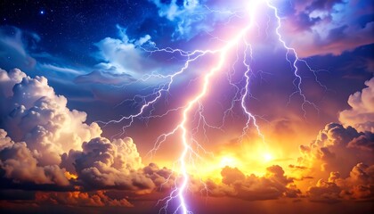 Fototapeta premium Dramatic lightning storm. Vast clouds, vibrant colors, intense lightning bolt