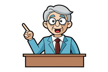 Friendly cartoon professor holding a coffee cup and an open book ready for a lecture