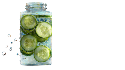 Crystal clear water bottle with floating cucumber slices, droplets on glass, blue gradient background, cinematic lighting, ultra-realistic, 8K detail --ar 16:9 --v 7.0 --s 250