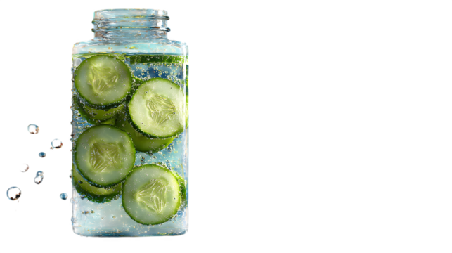 Crystal clear water bottle with floating cucumber slices, droplets on glass, blue gradient background, cinematic lighting, ultra-realistic, 8K detail --ar 16:9 --v 7.0 --s 250