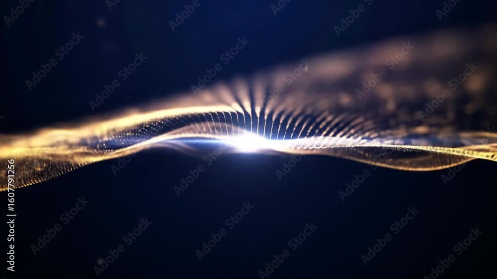Poster abstract golden particle waves on dark blue background with bright light and subtle glitter effects 