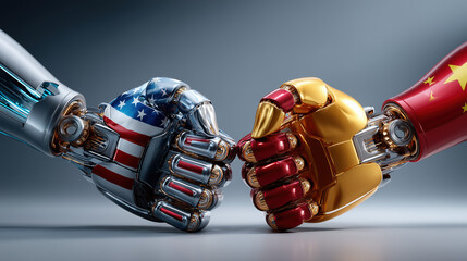Robotic handshake symbolizing the complex relationship between the USA and China in the digital age.