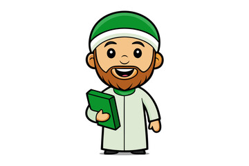 Animated muslim man in traditional attire holding a pointer stick and standing next to a wooden desk