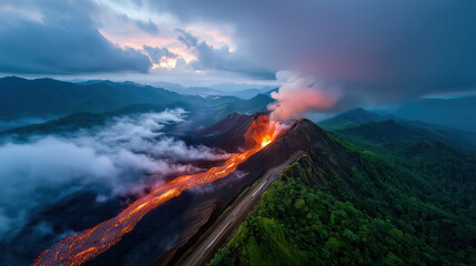 Witness the raw power of a volcanic eruption, with rivers of fiery lava flowing down the mountain.