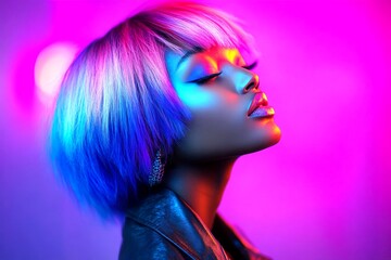 Stunning calm black girl - for ads, billboard and digital use. Short trim - multicolored hair. Commercial commercial visual idea art. Urban african trends. African hair inspiration.