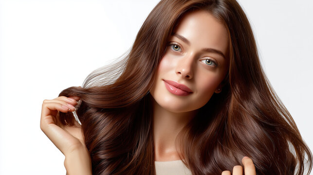 A stunning woman with flowing brown hair, a captivating portrait of natural beauty.