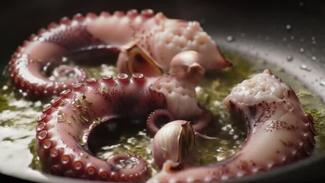 Polvo &agrave; lagareiro sizzling in olive oil, tentacles curling slightly as roasted garlic and herbs are tossed gently in the pan video 4k Video 4k