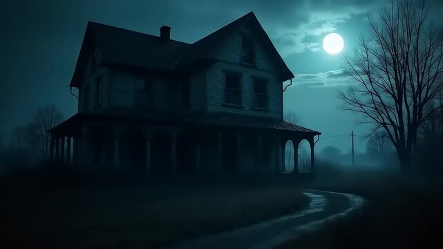 Creepy farmhouse with moonlit night.