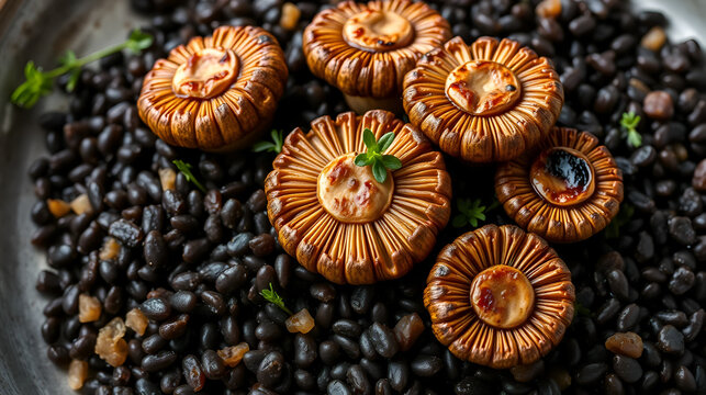 Fresh seared girolles mushrooms atop a bed of nutritious black rice, with golden brown caramelized edges and a sprinkle of fresh thyme leaves, natural ingredients, seared mushrooms