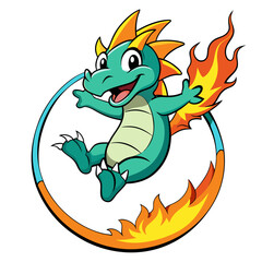 Fototapeta premium Cartoon teal dragon with orange and yellow spikes jumping through flaming hoop vector