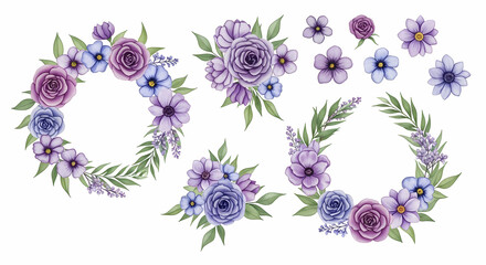 Watercolour floral illustration set. DIY violet purple blue flowers, green leaves elements collection - for bouquets, wreaths, wedding invitations, prints, fashion, birthday, postcards, greetings