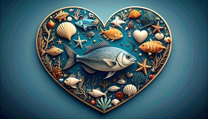 Heart-shaped collage of ocean life, including fish, shells, and coral