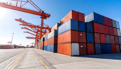 Container port, stacked shipping containers, and cranes under bright sun