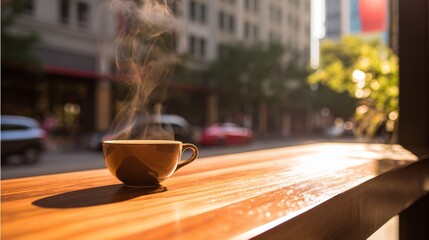A steaming cup of coffee on a cafe table, warmed by morning sunlight.
