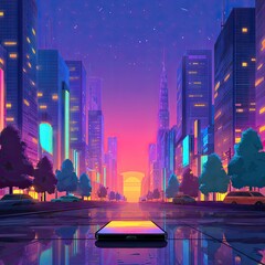 Neon Cityscape Sunset Phone Reflecting Urban Glow
