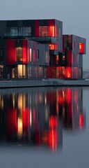 Red-lit modern building reflects on calm water at dusk; urban waterfront scene, possible real estate use