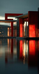 Red modern building reflecting in pool at dusk, hillside background. Architectural design