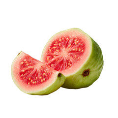 Fresh ripe pink guava fruit halved with a slice showing juicy flesh and seeds isolated on transparent background
