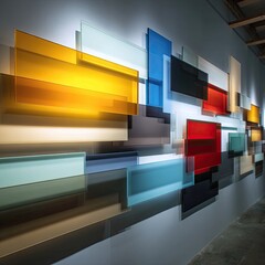 Colorful glass art installation in modern gallery, showcasing layered rectangles; potential use interior design