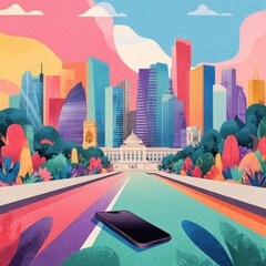 Cityscape view, phone on path, park, vibrant colors, urban illustration, website banner