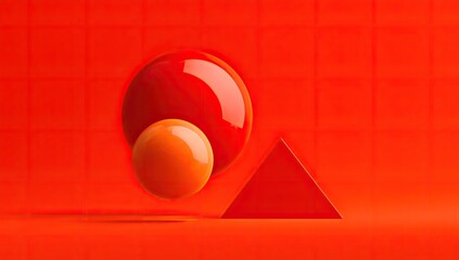 Red spheres and pyramid levitate on red grid background; abstract design for website