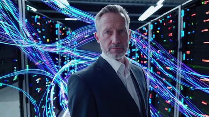 Confident Businessman Striking a Pose Before Modern Data Center, Perfect for HighTech Marketing Campaigns or Presentations, Boosts Innovation and Determination. - Powered by Adobe
